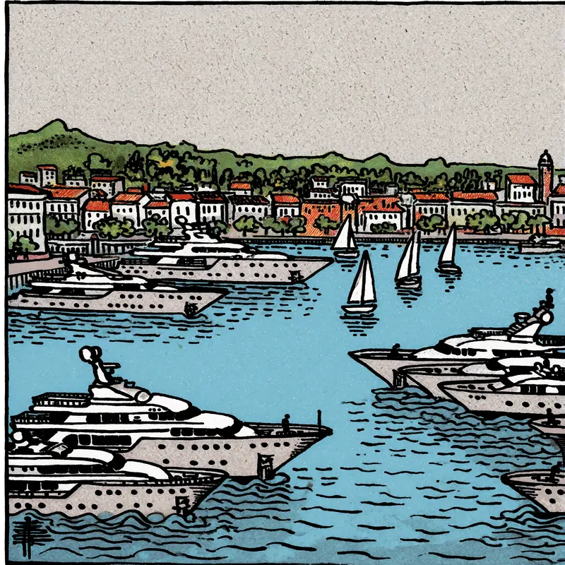 Krea 2 example: the port of antibes in the french riviera, large yachts and small sailboats are visible. vintage tarot style
