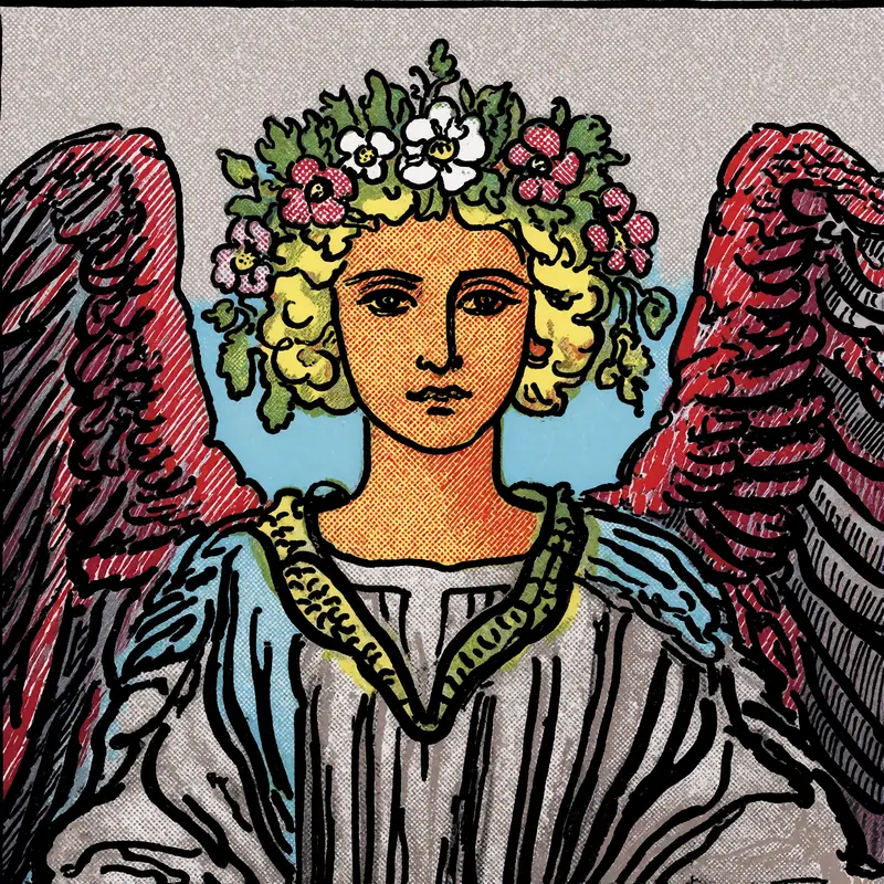 Krea 2 example: an angel with metallic wings and a crown of flowers. vintage tarot style