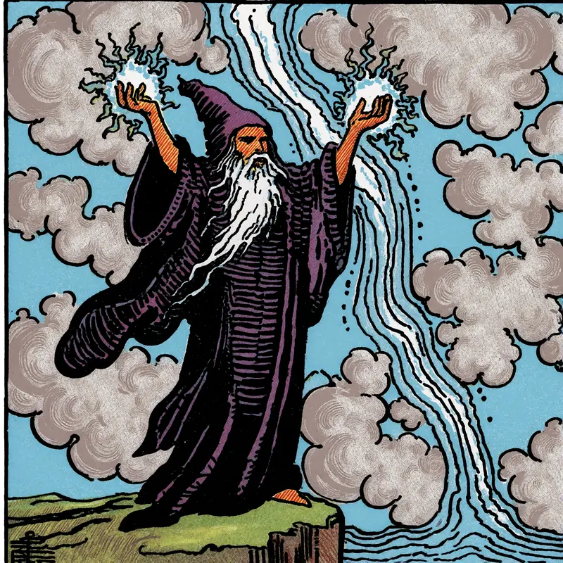 Krea 2 example: A sorcerer in flowing midnight robes stands atop a cliff edge, arms raised as crackling energy gathers between his palms