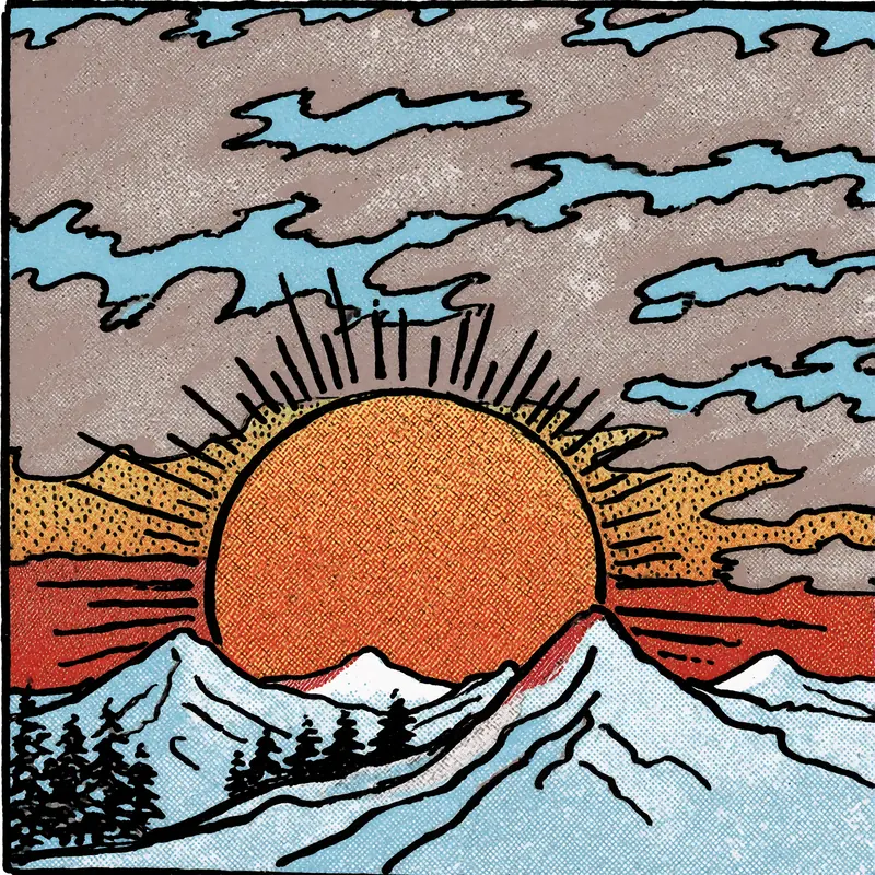 Krea 2 example: A sunset over snowy mountains. vintage tarot style
