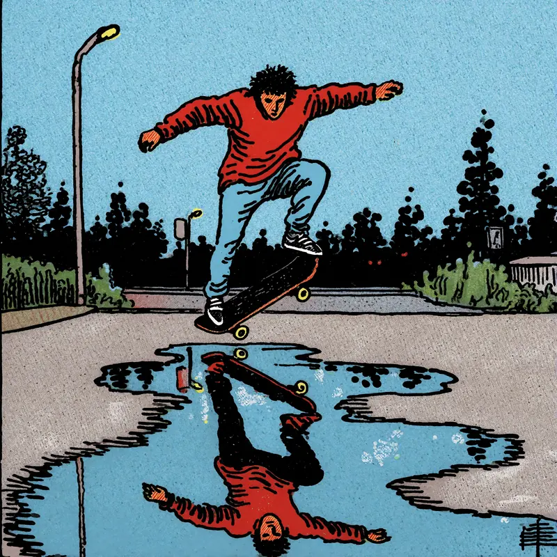 Krea 2 example: A skateboarder doing a kickflip at blue hour, a puddle reflects the skateboarder. vintage tarot style