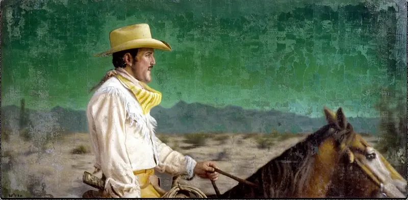 Krea 2 example: Male cowboy riding horse through the desert, close up shot