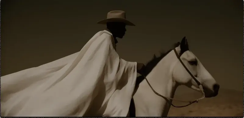 Krea 2 example: Male cowboy riding horse through the desert, close up shot
