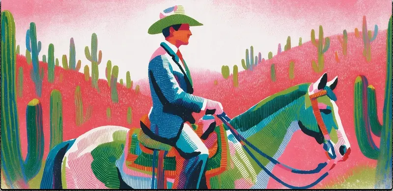 Krea 2 example: Male cowboy riding horse through the desert, close up shot