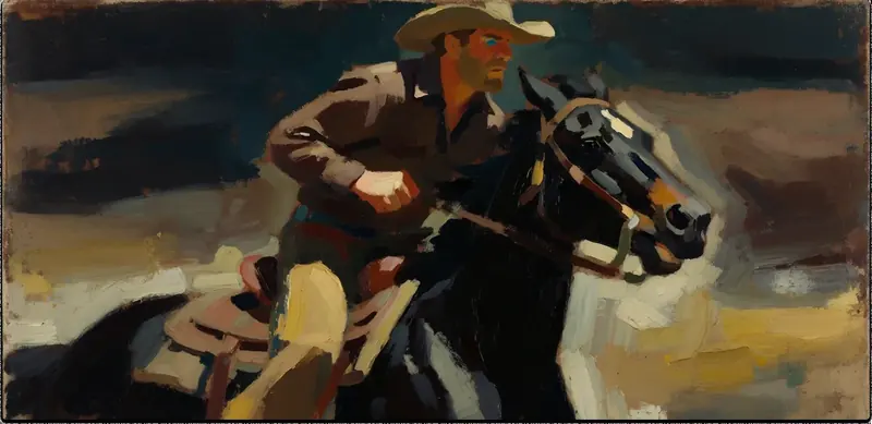 Krea 2 example: Male cowboy riding horse through the desert, close up shot