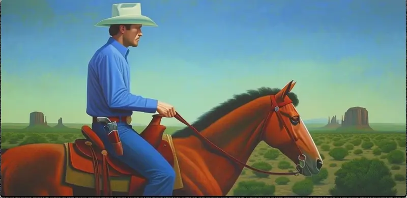 Krea 2 example: Male cowboy riding horse through the desert, close up shot