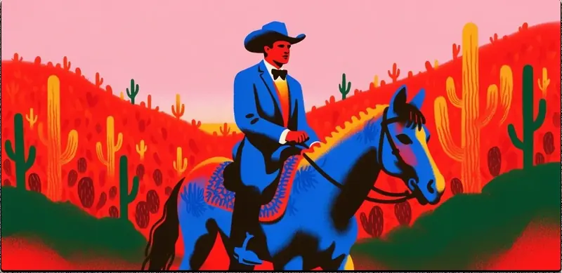 Krea 2 example: Male cowboy riding horse through the desert, close up shot