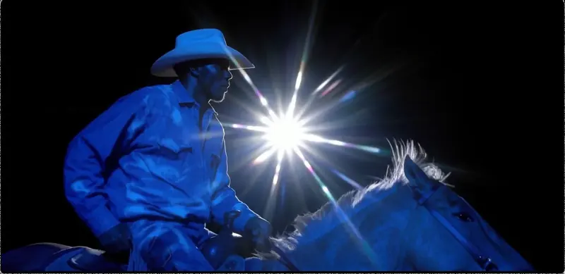 Krea 2 example: Male cowboy riding horse through the desert, close up shot
