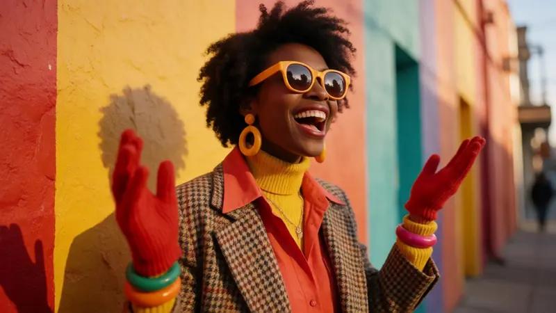 Krea 2 example: Expressive street portrait of a model in vintage layering and bold accessories against a colorful wall, celebratory aest
