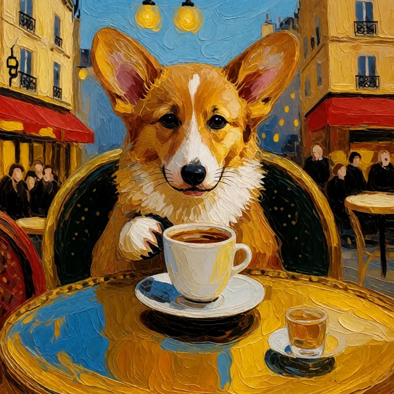 Krea 2 example: a corgi puppy sipping coffee at a parisian cafe
