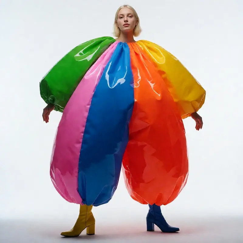Krea 2 example: Playful avant-garde editorial of a model in a balloon-like inflated nylon suit against a bright monochrome backdrop, bol
