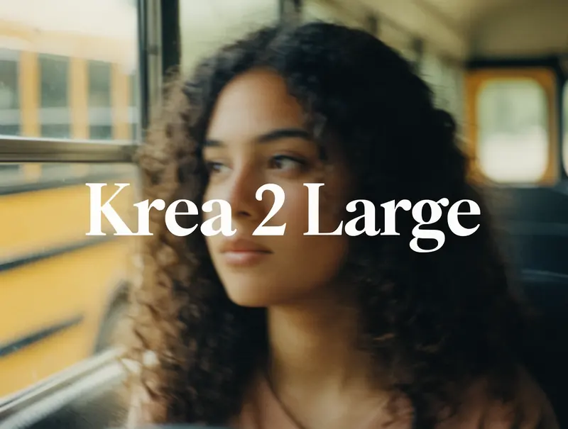Krea 2 example: The text "Krea 2 Large" in the center middle in large serif font. A color film-inspired portrait of a young woman lookin