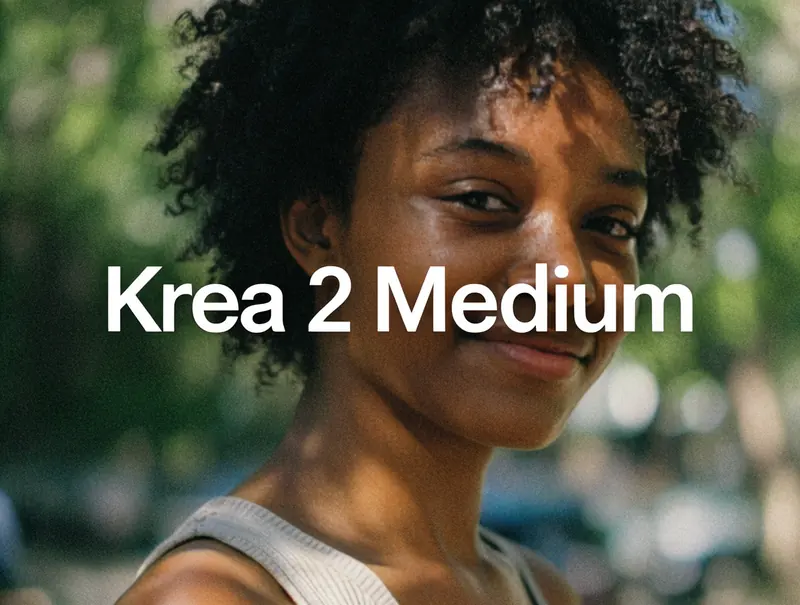 Krea 2 example: The text "Krea 2 Medium" positioned in the dead center, in large helvetica font. An authentic, candid film portrait of a