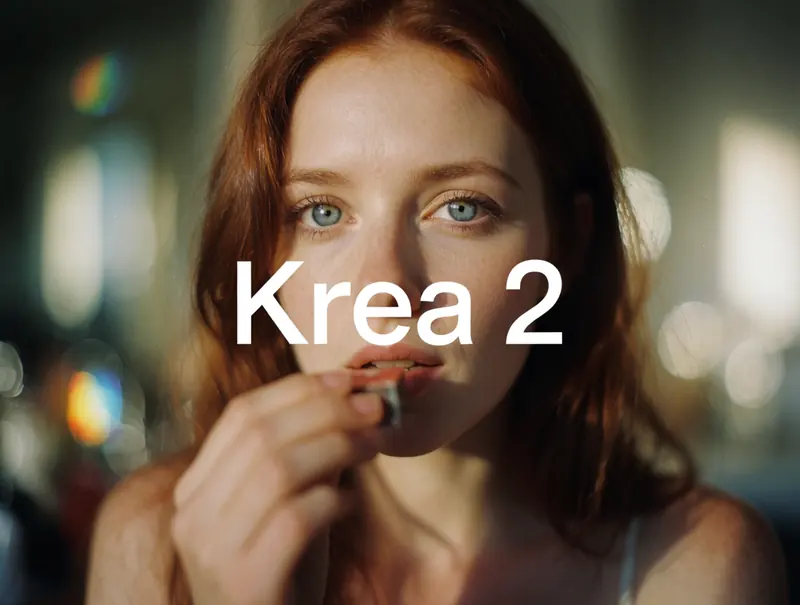 Krea 2 example: The text "Krea 2" positioned in the dead center, in large helvetica font. An authentic, candid film portrait of a young