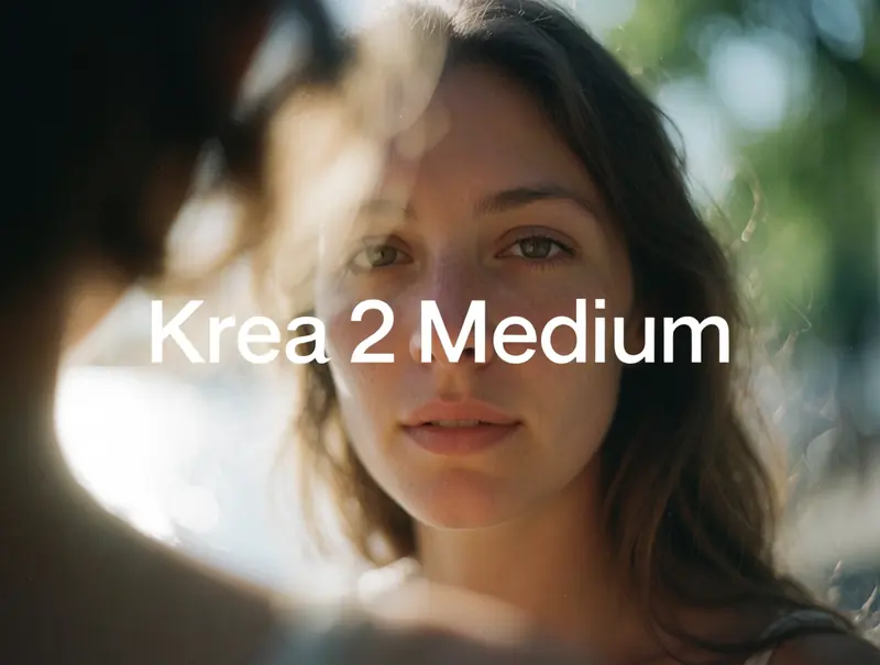 Krea 2 example: The text "Krea 2 Medium" positioned in the dead center, in large helvetica font. An authentic, candid film portrait of a