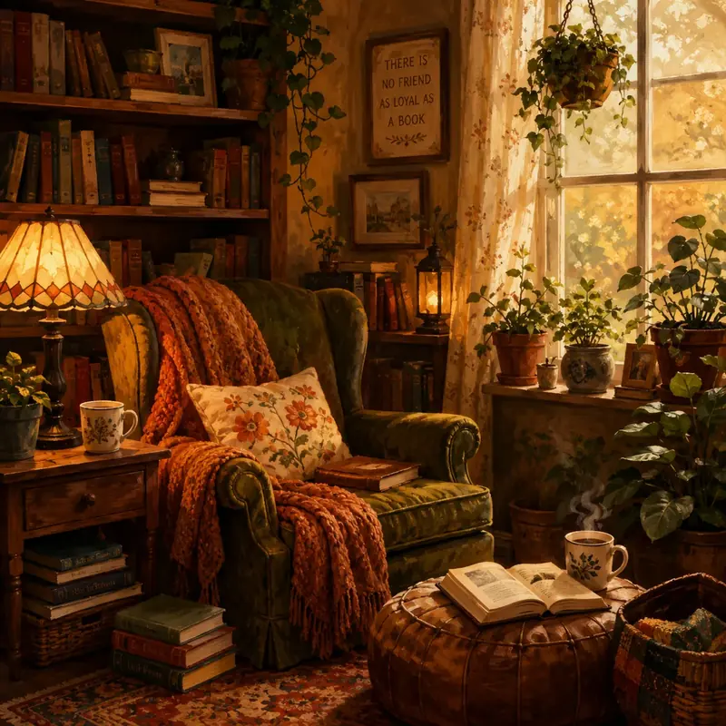 Krea 2 example: Cozy reading nook, warm lamps, potted plants, painterly illustration
