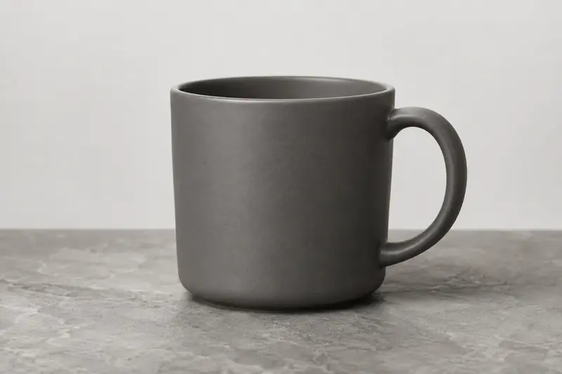 Krea 2 example: Matte ceramic mug on stone, studio softbox, clean product shot