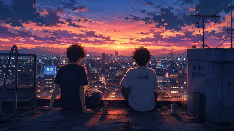 Krea 2 example: Anime rooftop at dusk, city lights, cel shading, rim light