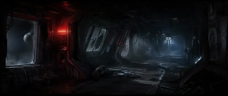 Krea 2 example: Concept art, derelict space-station corridor, volumetric haze