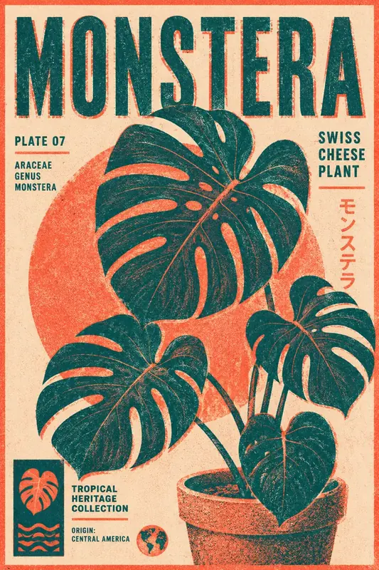 Krea 2 example: Botanical risograph poster, two-tone, grainy print texture