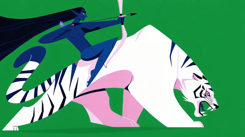 Krea 2 example: Dark blue elven archer riding a white tiger, solid green backdrop, flat graphic design, distorted proportions, dynamic c
