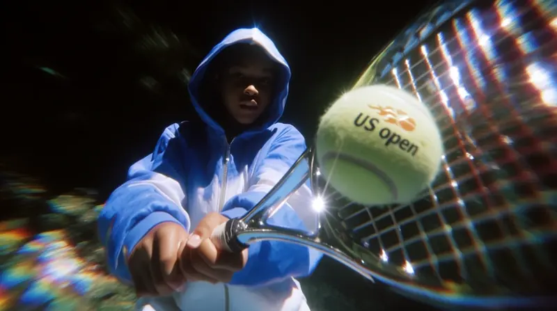 Krea 2 example: Hooded tennis player mid-backhand with a chrome racquet, close wide-angle view, low vantage point, crisp editorial photo
